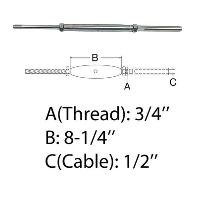 3/4" Thread Rod & Swage Stud Turnbuckle 1/2" Cable T316 Stainless Steel T316
