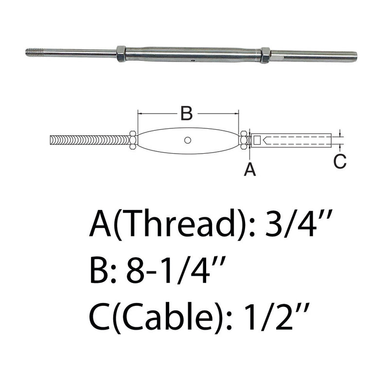 3/4" Thread Rod & Swage Stud Turnbuckle 1/2" Cable T316 Stainless Steel T316 4Pc