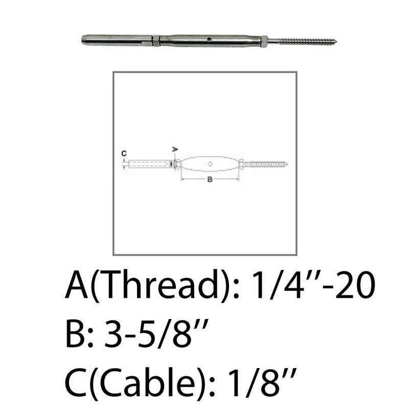 Marine 1/4" Threaded Lag & Swage Stud Turnbuckle 1/8" Cable Stainless Steel 4Pcs