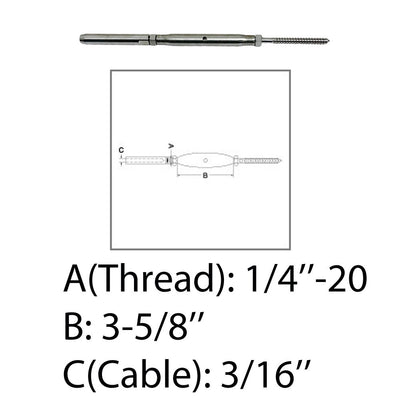 Marine 1/4" Threaded Lag Swage Stud Turnbuckle 3/16" Cable Stainless Steel 4 Pcs