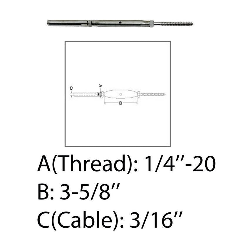 Marine 1/4" Threaded Lag Swage Stud Turnbuckle 3/16" Cable Stainless Steel 4 Pcs