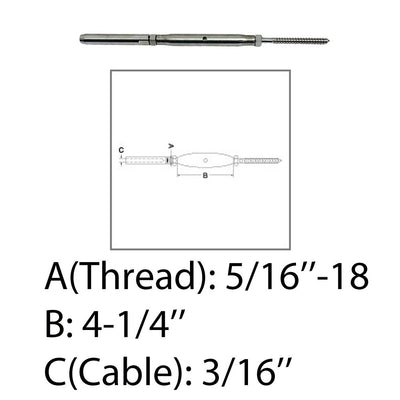 Marine 5/16" Threaded Lag Swage Stud Turnbuckle 3/16" Cable Stainless Steel 4Pcs