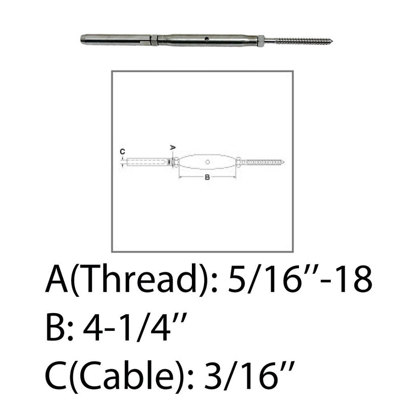 Marine 5/16" Threaded Lag Swage Stud Turnbuckle 3/16" Cable Stainless Steel 4Pcs