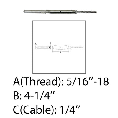 Marine 5/16" Threaded Lag & Swage Stud Turnbuckle 1/4" Cable Stainless Steel 4Pc