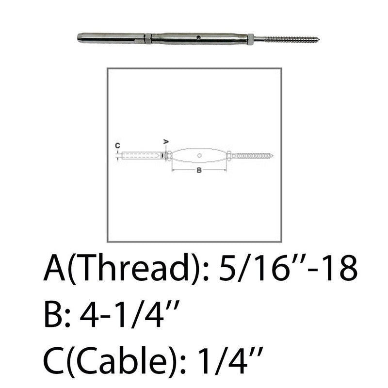 Marine 5/16" Threaded Lag & Swage Stud Turnbuckle 1/4" Cable Stainless Steel 4Pc