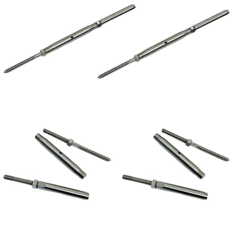 Marine 3/8" Threaded Lag & Swage Stud Turnbuckle 1/4" Cable Stainless Steel 4Pcs