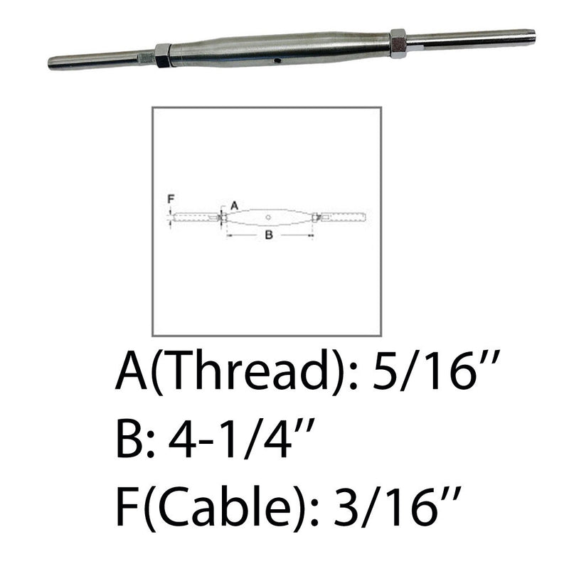5/16" Thread Swage Stud & Stud Pipe Turnbuckle 3/16" Cable Stainless Steel 4 Pcs