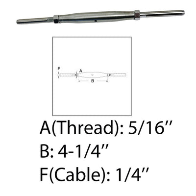 5/16" Thread Swage Stud & Stud Pipe Turnbuckle 1/4" Cable Stainless Steel