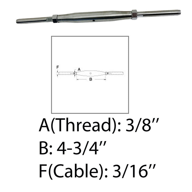 3/8" Thread Swage Stud & Stud Pipe Turnbuckle 3/16" Cable Stainless Steel