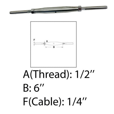 1/2" Thread Swage Stud & Stud Pipe Turnbuckle 1/4" Cable Stainless Steel