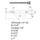 Marine T316 Stainless Steel 1/4" Thread Fork & Swage Stud Turnbuckle For 1/8" Cable Wire Rope