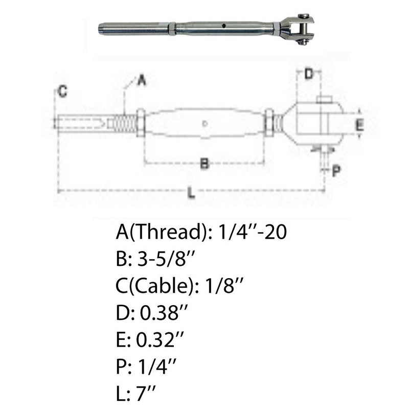 Marine 1/4" Thread Fork & Swage Stud Turnbuckle 1/8" Cable Stainless Steel 4 Pcs