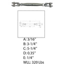 Marine 3/16" Toggle & toggle Pipe Turnbuckle 320 Lbs WLL Stainless Steel 4 Pcs