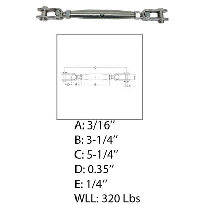 Marine 3/16" Toggle & toggle Pipe Turnbuckle 320 Lbs WLL Stainless Steel 4 Pcs