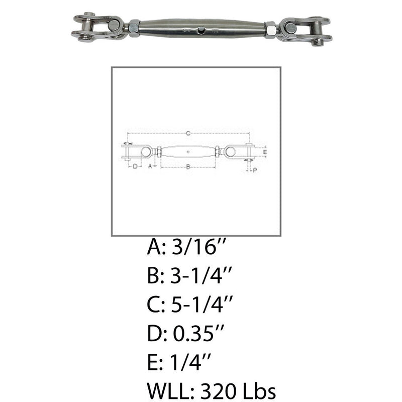Marine 3/16" Toggle & toggle Pipe Turnbuckle 320 Lbs WLL Stainless Steel 4 Pcs