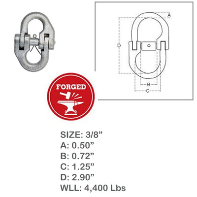 Stainless Steel 3/8" Marine Hammerlock Coupling Link Connecting 4400Lb WLL 4 Pcs