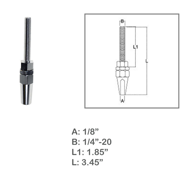 Marine 1/8" Swageless Threaded Stud 1/4" Thread 1/8" Cable Stainless Steel T316