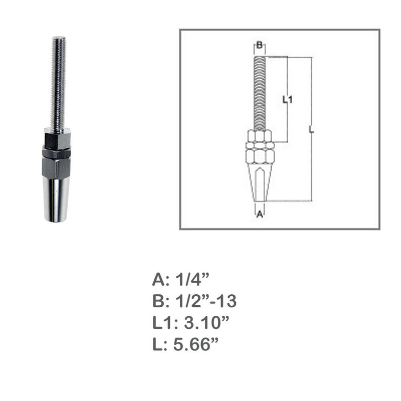 Marine 1/4" Swageless Threaded Stud 1/2" Thread 1/4" Cable Stainless Steel 4 Pcs