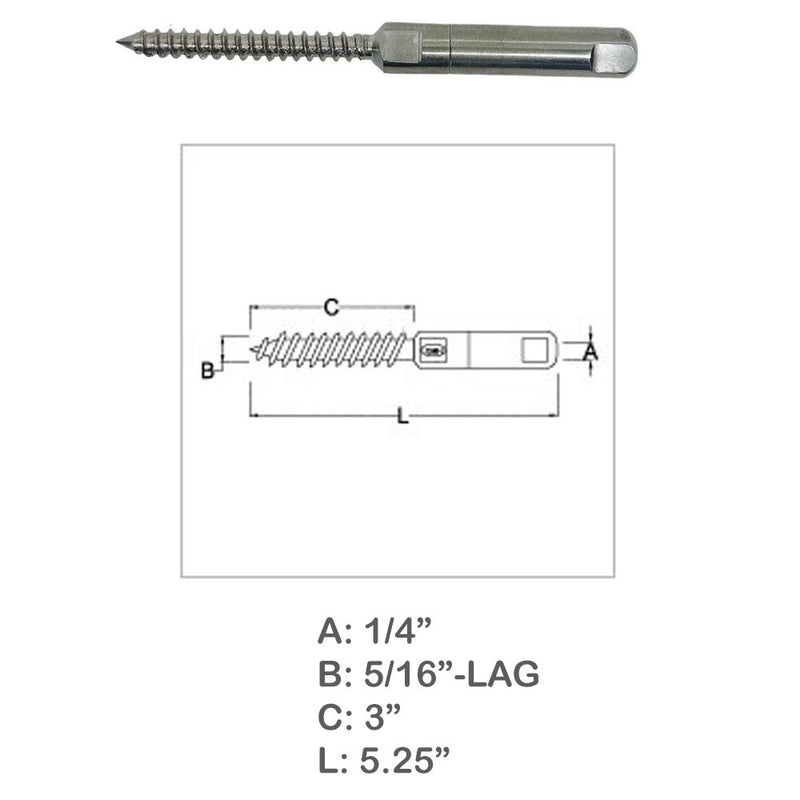 1/4" Push & Go Swageless Lag For 1/4" Cable Rail Marine Boat Stainless Steel