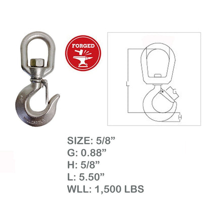 5/8" Drop Forged Swivel Hook Lifting Hook 1,500 LBS WLL Stainless Steel T316