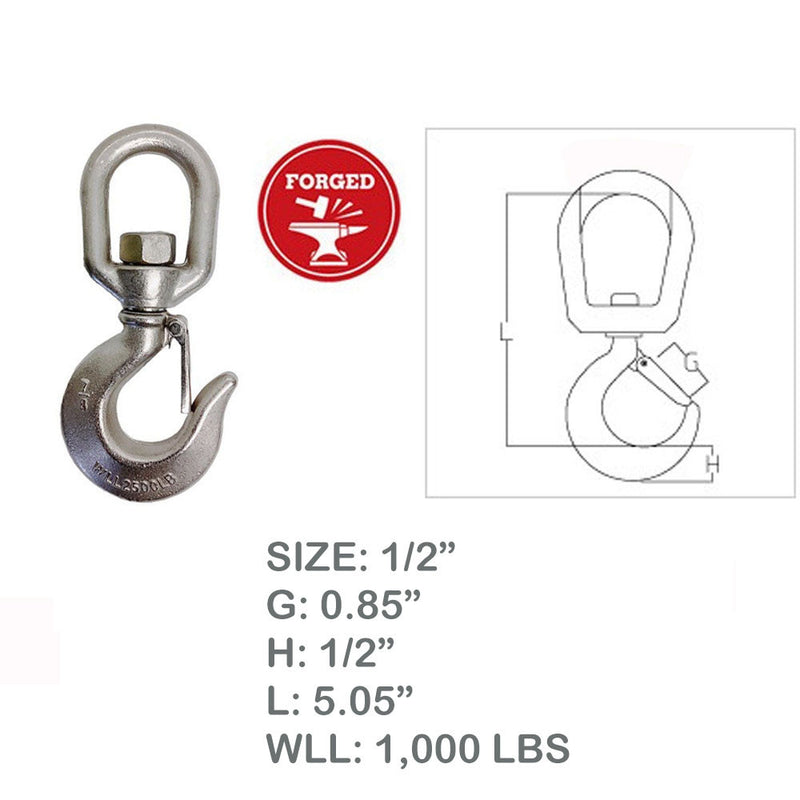 1/2" Drop Forged Swivel Hook Lifting Hook 1,000 LBS WLL Stainless Steel T316