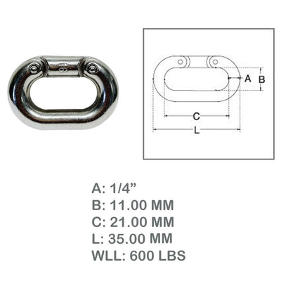 Stainless Steel 316 Chain Connecting Link 1/4" Marine Grade Connector 4 Pcs