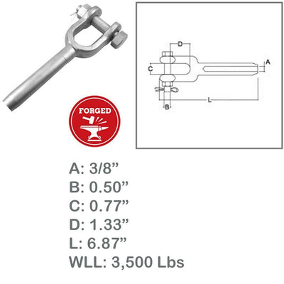3/8" Drop Forged Open Swage Sockets Stainless Steel T316 3500 Lbs WLL