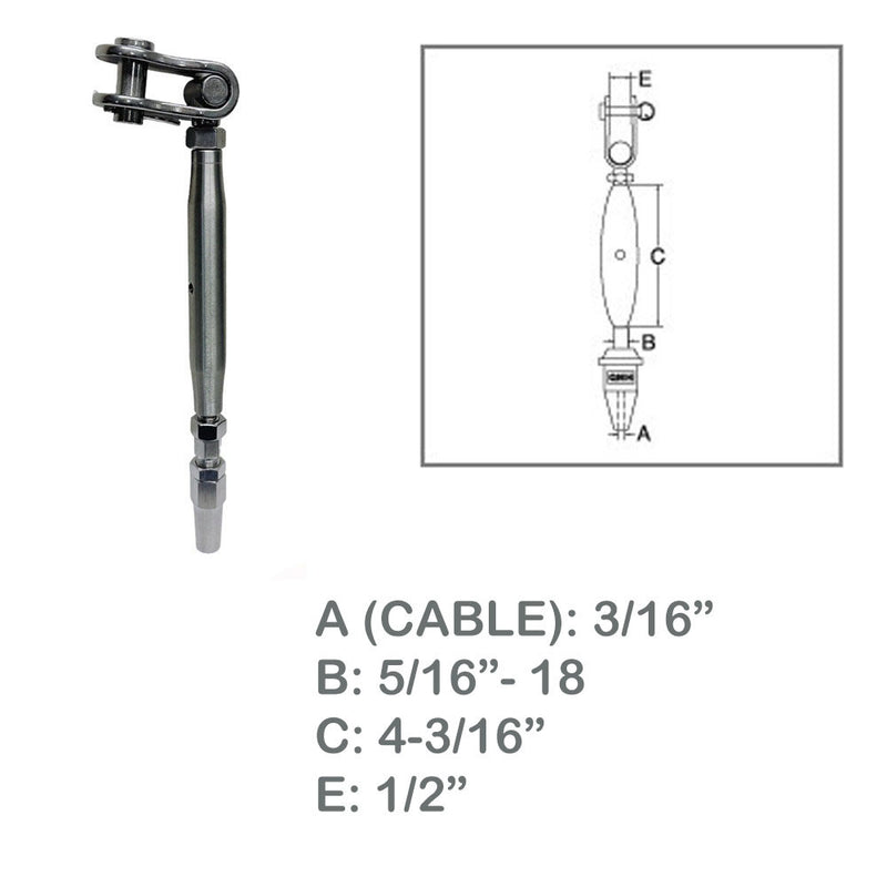 Marine Toggle And Swageless Turnbuckle For 3/16" Cable Wire Stainless Steel 4Pcs