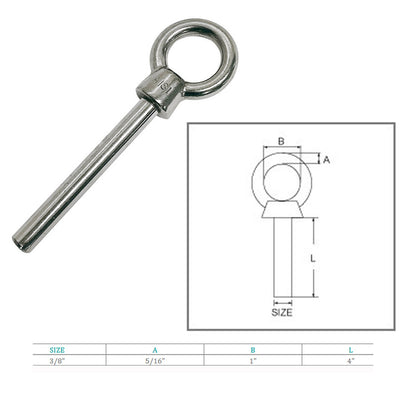 Stainless Steel Eye Bolt 3/8"x4" Marine Grade Non Threaded Shoulder Eyebolt 10Pc