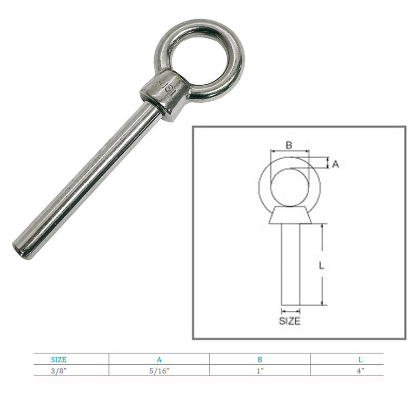 Stainless Steel Eye Bolt 3/8"x4" Marine Grade Non Threaded Shoulder Eyebolt 10Pc