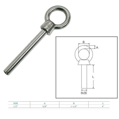 Stainless Steel Eye Bolt 1/2"x4" Marine Grade Non Threaded Shoulder Eyebolt 10Pc