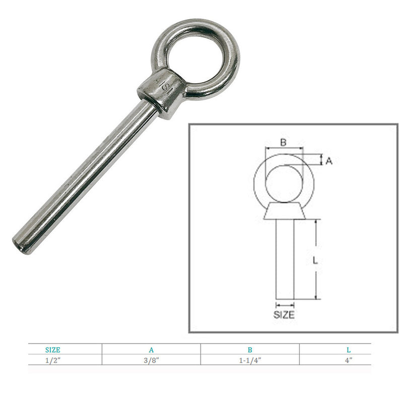 Stainless Steel Eye Bolt 1/2"x4" Marine Grade Non Threaded Shoulder Eyebolt 10Pc