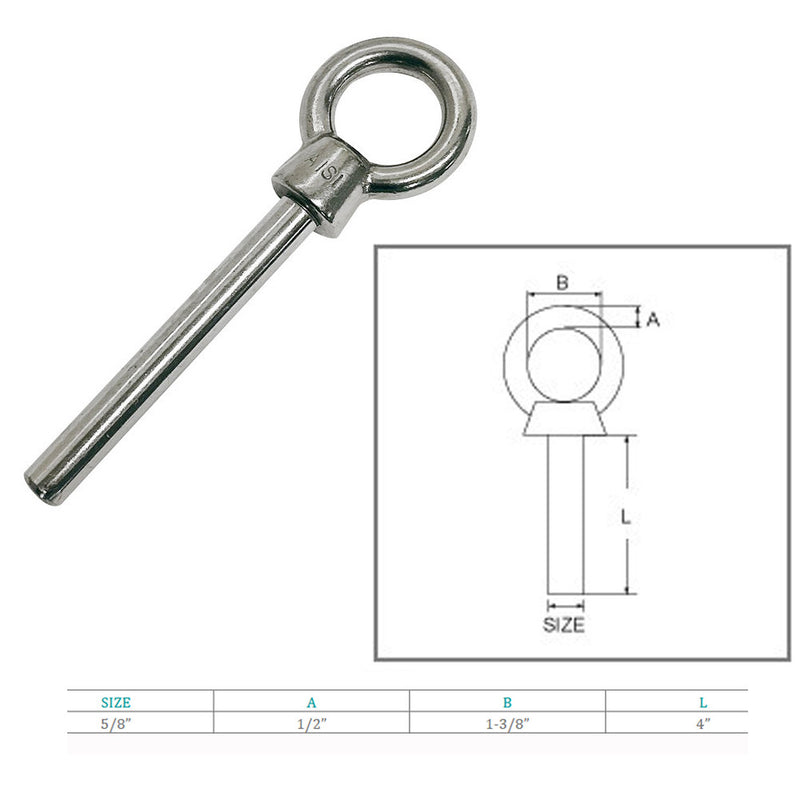 Stainless Steel Eye Bolt 5/8"x4" Marine Grade Non Threaded Shoulder Eyebolt,10Pc