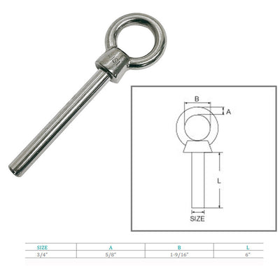 Stainless Steel Eye Bolt 3/4"x6" Marine Boat Grade Non Threaded Shoulder Eyebolt