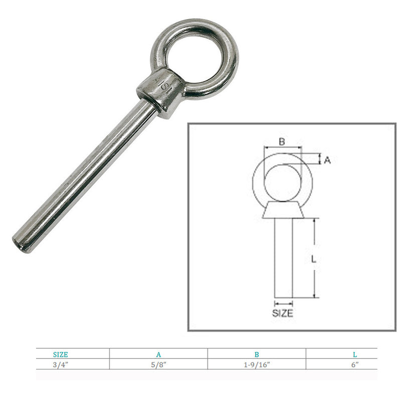 Stainless Steel Eye Bolt 3/4"x6" Marine Boat Grade Non Threaded Shoulder Eyebolt