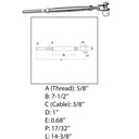Marine 3/8" Cable Jaw And Swage Stud Turnbuckle 5/8" Thread Stainless Steel