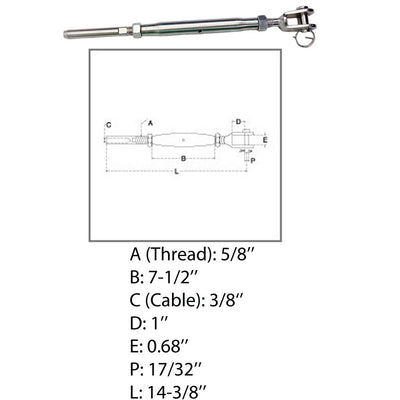 Marine 3/8" Cable Jaw And Swage Stud Turnbuckle 5/8" Thread Stainless Steel