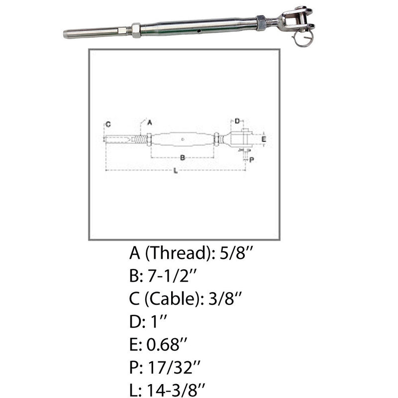 Marine 3/8" Cable Jaw And Swage Stud Turnbuckle 5/8" Thread Stainless Steel
