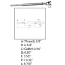 Marine 3/16" Cable Jaw And Swage Stud Turnbuckle 3/8" Thread Stainless Steel 4Pc