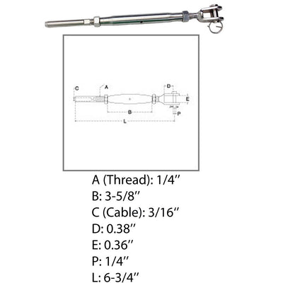 Marine 3/16" Cable Jaw And Swage Stud Turnbuckle 1/4" Thread Stainless Steel 316