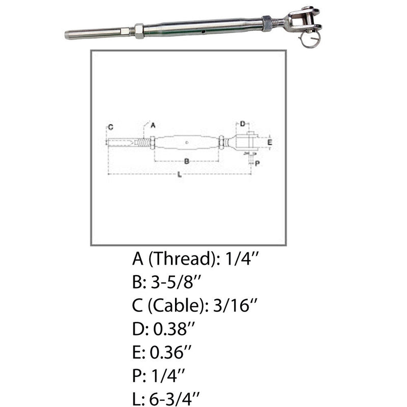 Marine 3/16" Cable Jaw And Swage Stud Turnbuckle 1/4" Thread Stainless Steel 316