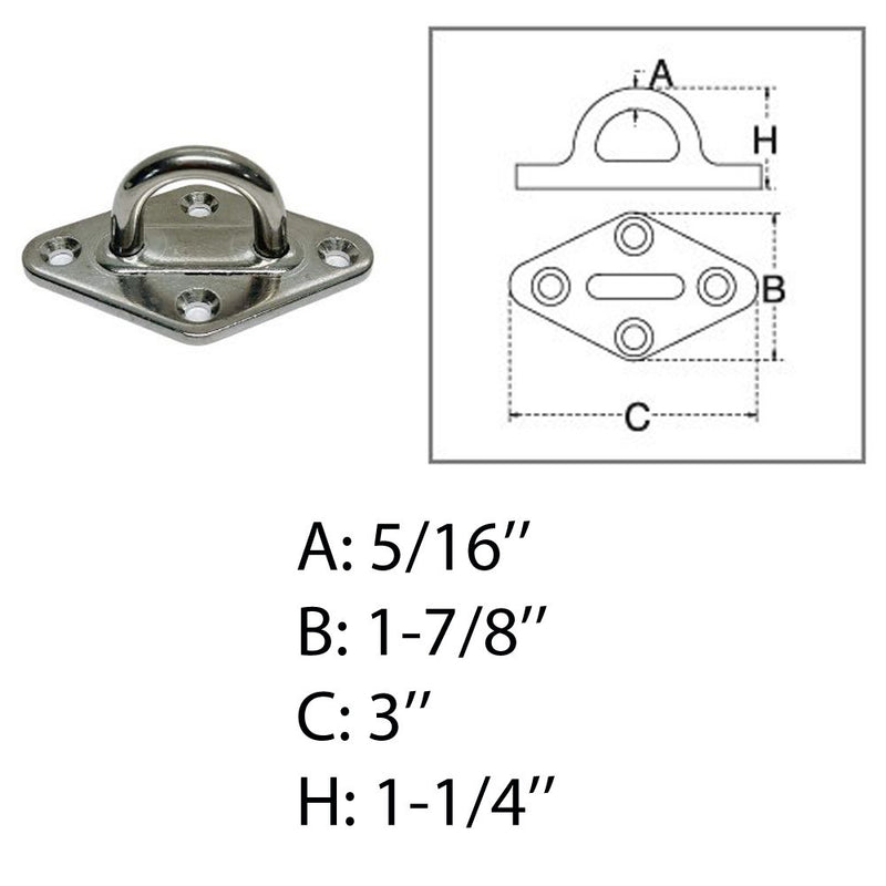 Light Duty Diamond Pad Eye Plate 5/16" 304 Stainless Steel for Hammock Boat Deck