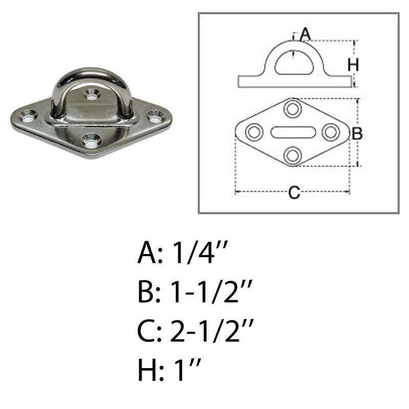Light Duty Diamond Pad Eye Plate 1/4" 304 Stainless Steel for Hammock Deck 4 Pcs