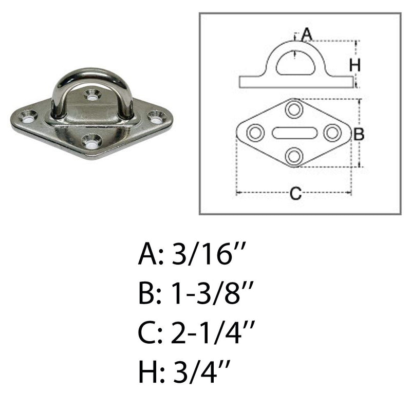 Light Duty Diamond Pad Eye Plate 3/16" 304 Stainless Steel for Boat Deck 4 Pcs