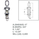 HD Stainless Steel T316 5" Sheave Swivel Block Hoist Lift 4400 Lbs WLL 3/4" Rope