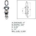 HD 4" Sheave Swivel Block Hoist Lift 3300 Lbs WLL 5/8" Rope Stainless Steel T316