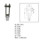 3/8"-16 Left Handed Threaded Yoke End 1200 Lbs WLL Stainless Steel T316 4 Pcs