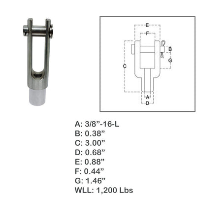 3/8"-16 Left Handed Threaded Yoke End 1200 Lbs WLL Stainless Steel T316 4 Pcs