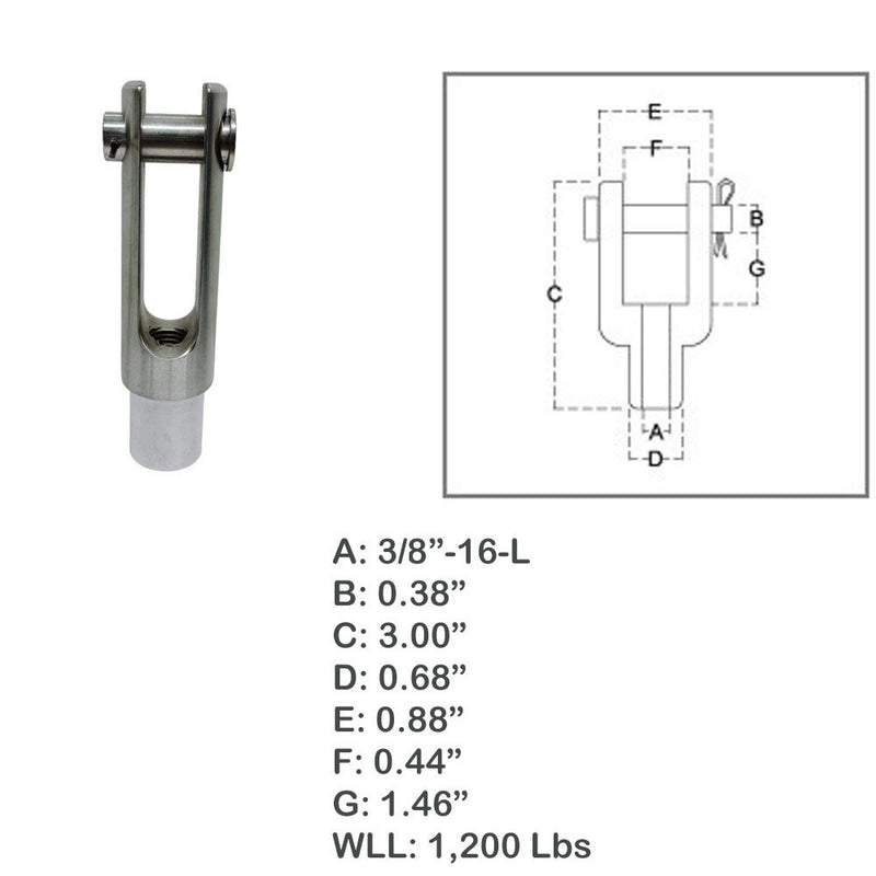 3/8"-16 Left Handed Threaded Yoke End 1200 Lbs WLL Stainless Steel T316 4 Pcs