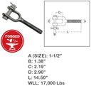 1-1/2" Drop Forged Turnbuckle Jaw RIGHT HAND Thread 17000Lb WLL Stainless Steel